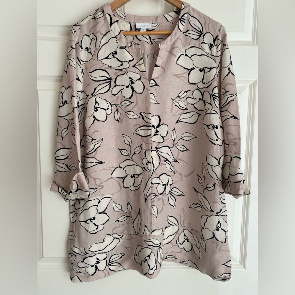J. Jill Women's Linen-Blend Floral Tunic Blouse Size M 3/4 Sleeves Elegant Chic